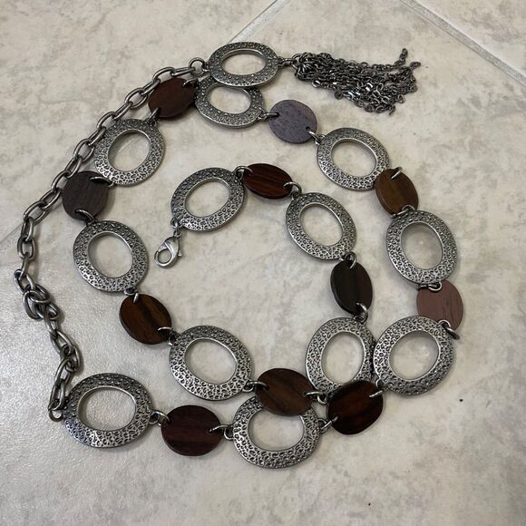 Silver Metal wood ? Belt Hippie Mod Chain tassel Hip Statement Chunky Boho OS - Picture 3 of 7